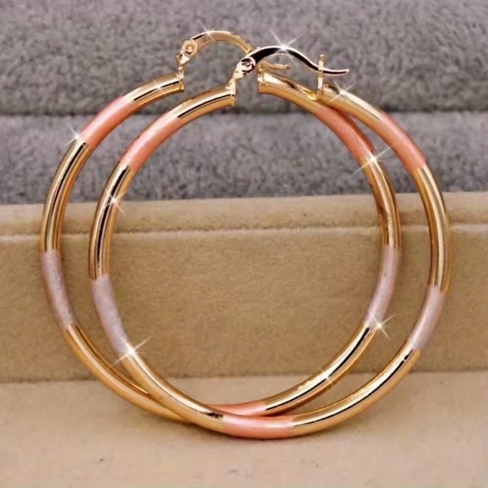New Wide Gold Hoop Pink Foil Earrings - Women Jewelry